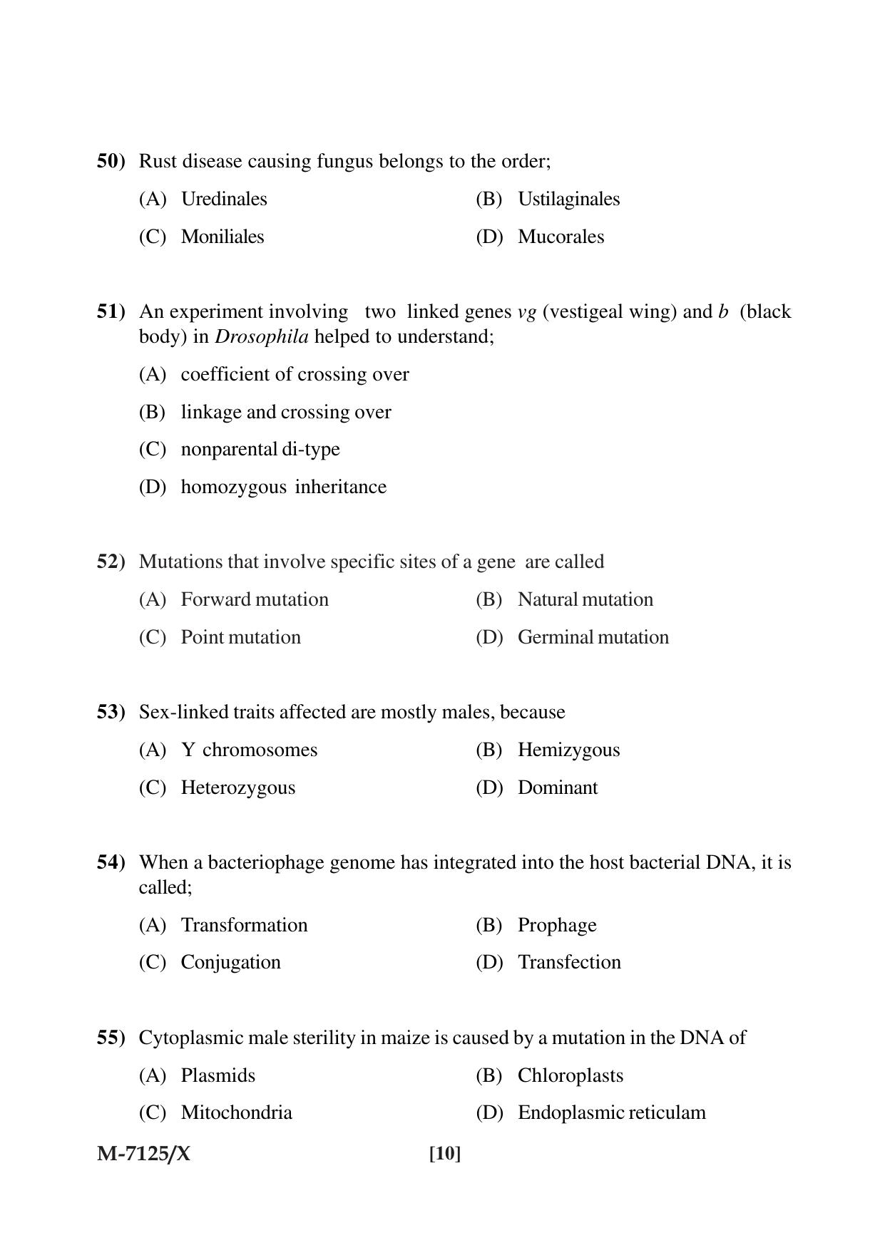 Mysore University PG Entrance Exam 2019: Goup-I Life Science Question Paper - Page 10