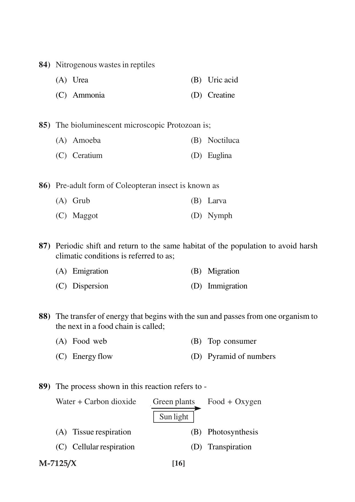 Mysore University PG Entrance Exam 2019: Goup-I Life Science Question Paper - Page 16