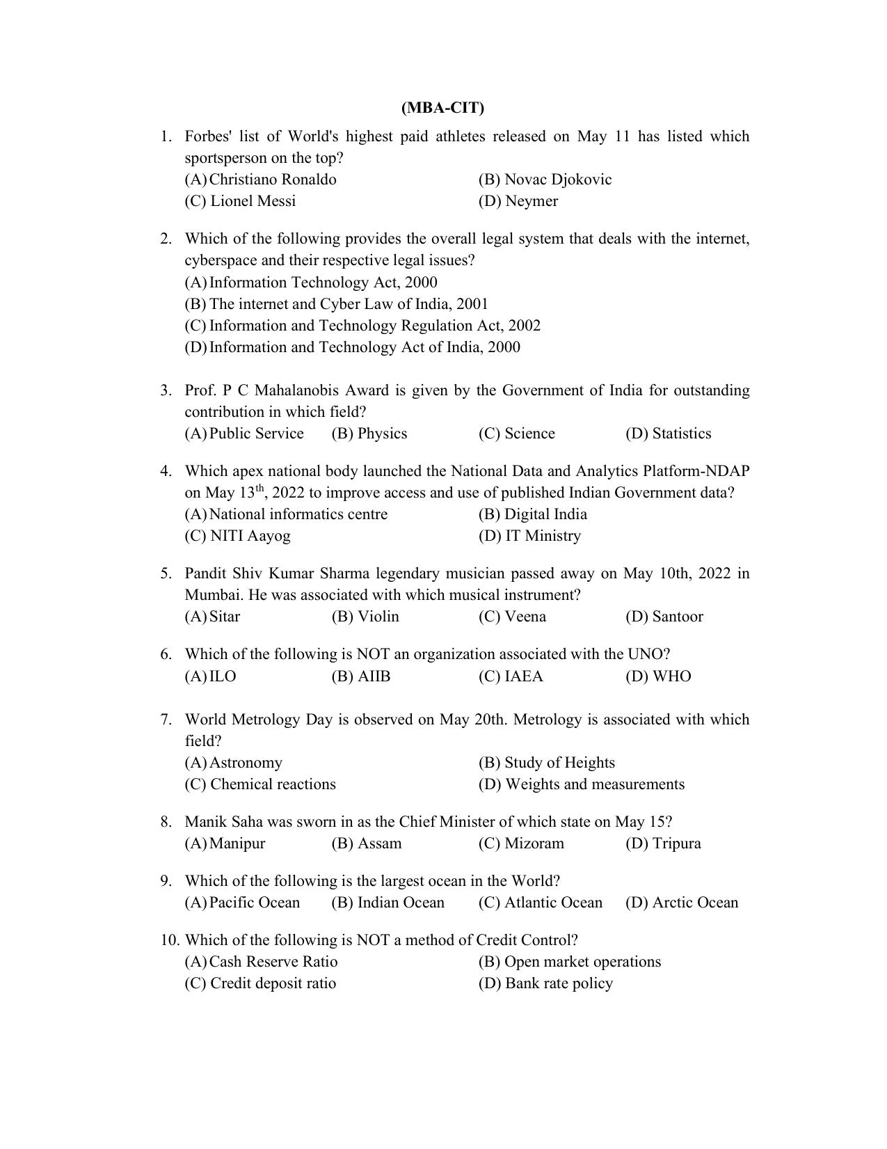 PU CET PG 2022 Question Paper - Page 176