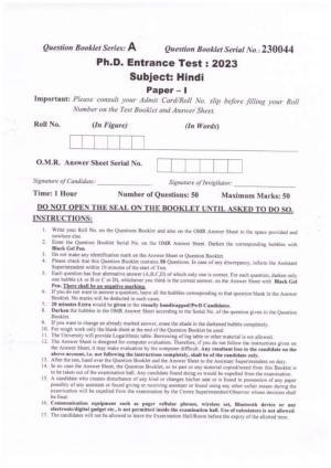 PU MPET Hindi 2023 Question Papers
