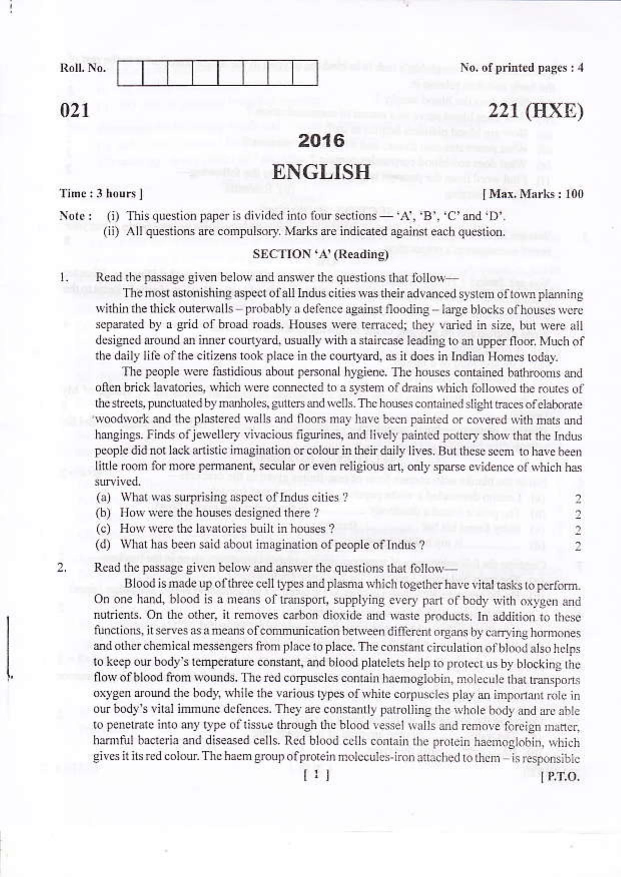 UBSE Class 10 English 2016 Question Paper - Page 1