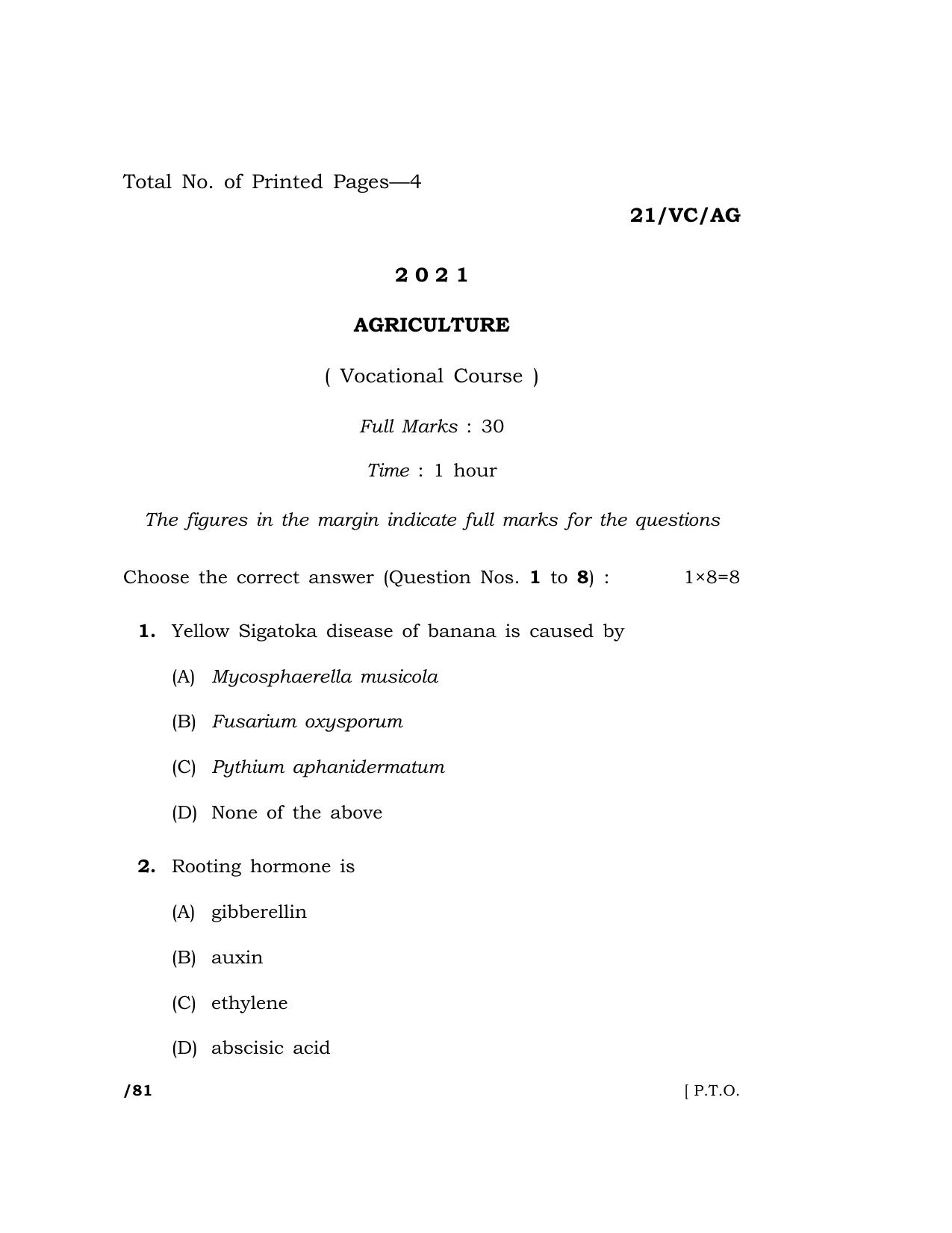 Meghalaya Board (MBOSE) Class 10 AGRICULTURE (21-VC-AG) 2021 Question Paper - Page 1