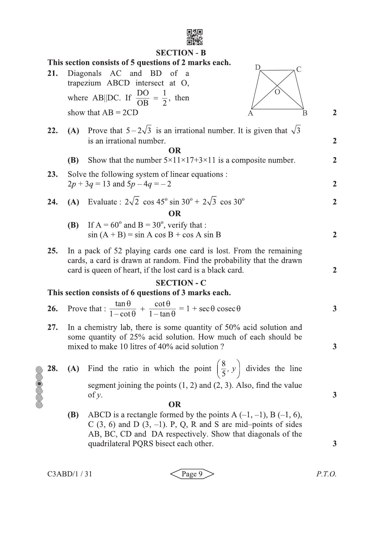 CBSE Class 10 30-1-2 Mathematics Standard 2024 Question Paper - Page 9