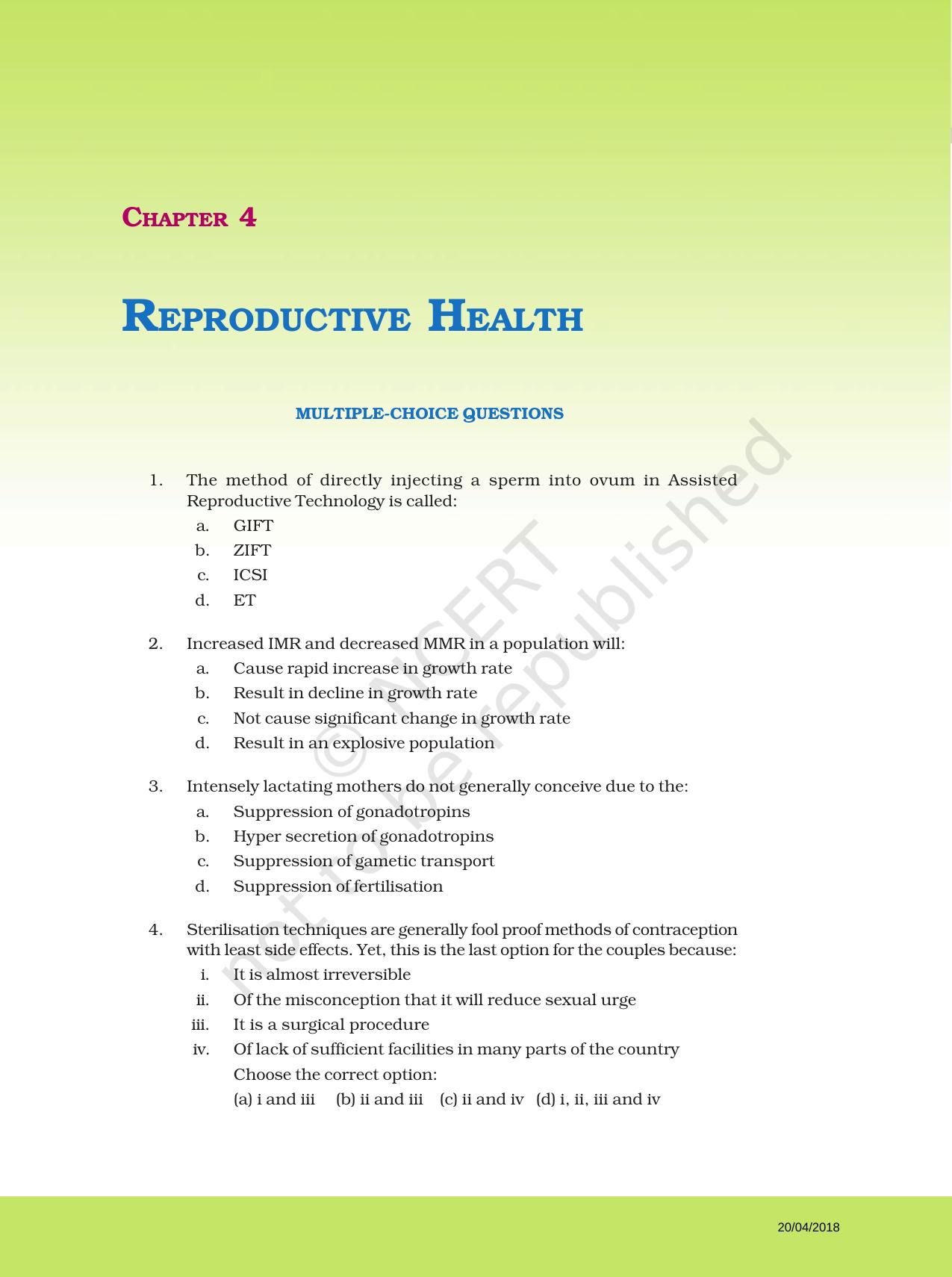 NCERT Exemplar Book for Class 12 Biology: Chapter 4 Reproductive Health - Page 1