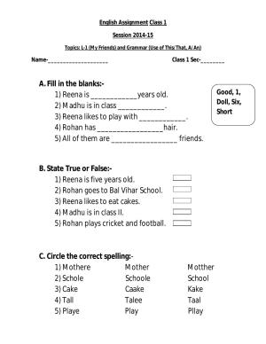 Worksheet for Class 1 English My Friends and Grammer Assignment