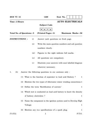 Goa Board Class 12 Auto Electricals   (June 2019) Question Paper