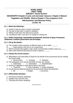 CBSE Worksheets for Class 8 Social Science Land soil and water Assignment