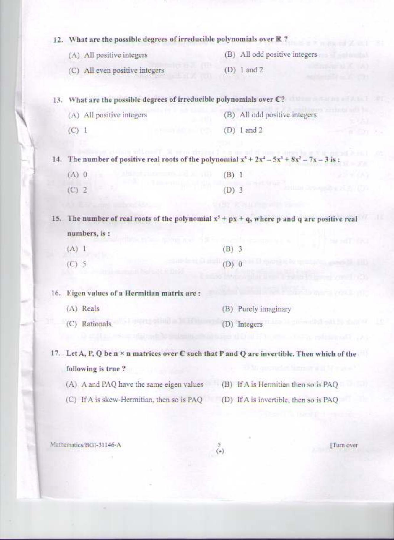PU CET PG 2015: MSc (HS)(Mathematics) Question Paper - Page 4