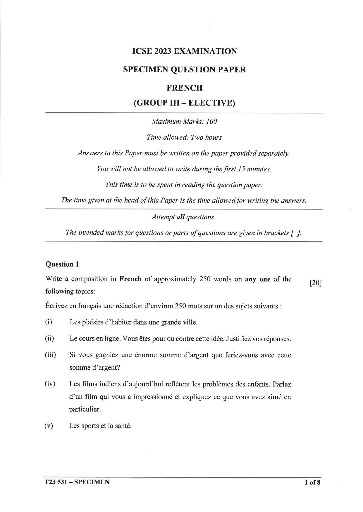 ICSE Class 10 French (Group 3) Sample Paper 2023 - Page 1