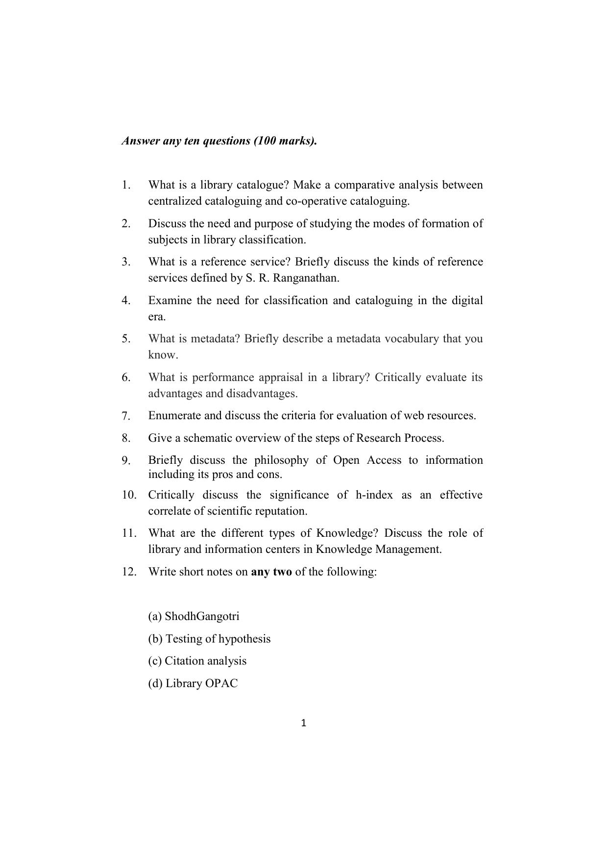 ISI Admission Test JRF in Library and Information Science LIB 2022 Sample Paper - Page 1