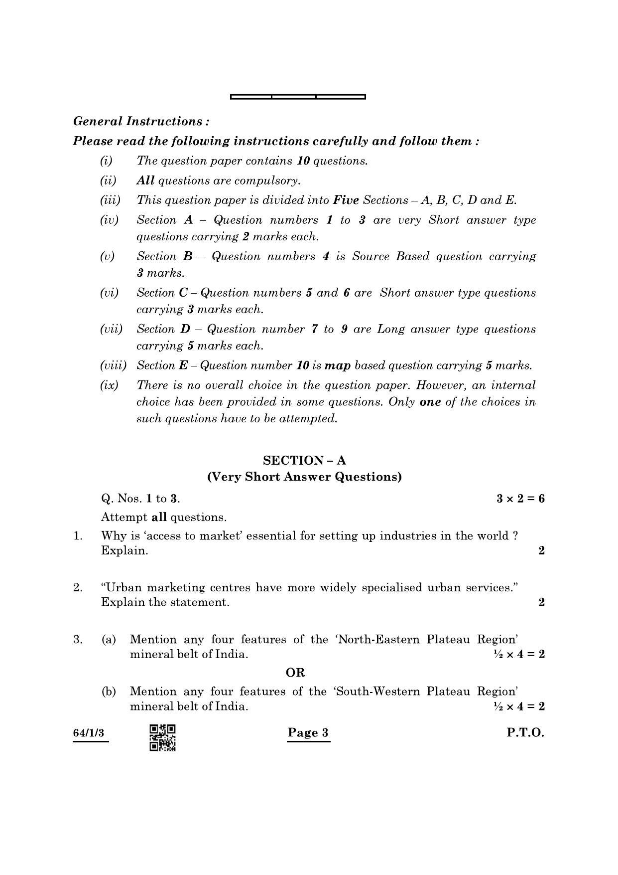 CBSE Class 12 64-1-3 Geography 2022 Question Paper - Page 3