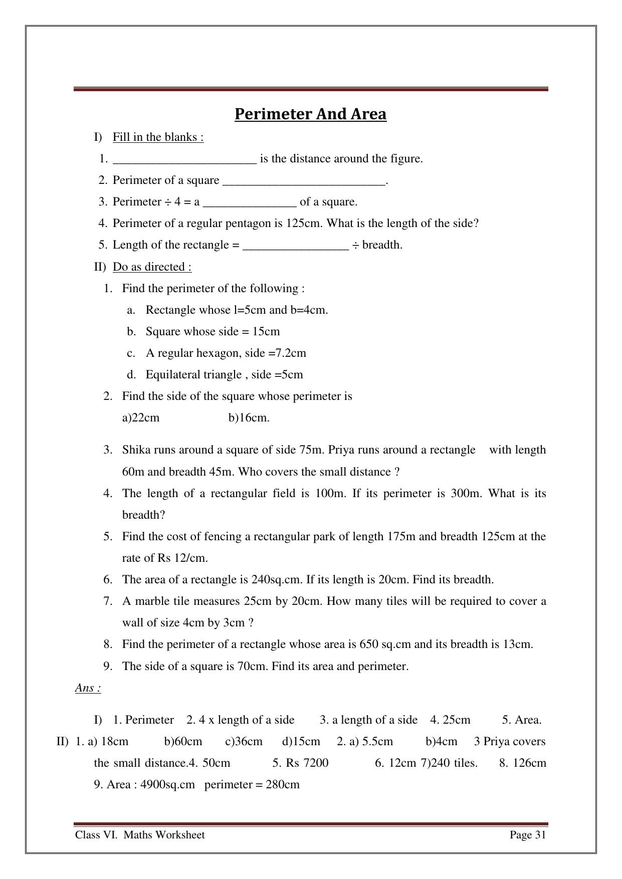 CBSE Worksheets for Class 6 Maths Perimeter And Area Assignment - Page 1