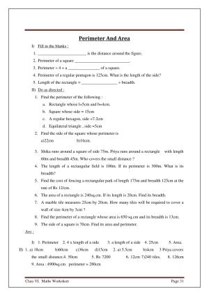 CBSE Worksheets for Class 6 Maths Perimeter And Area Assignment