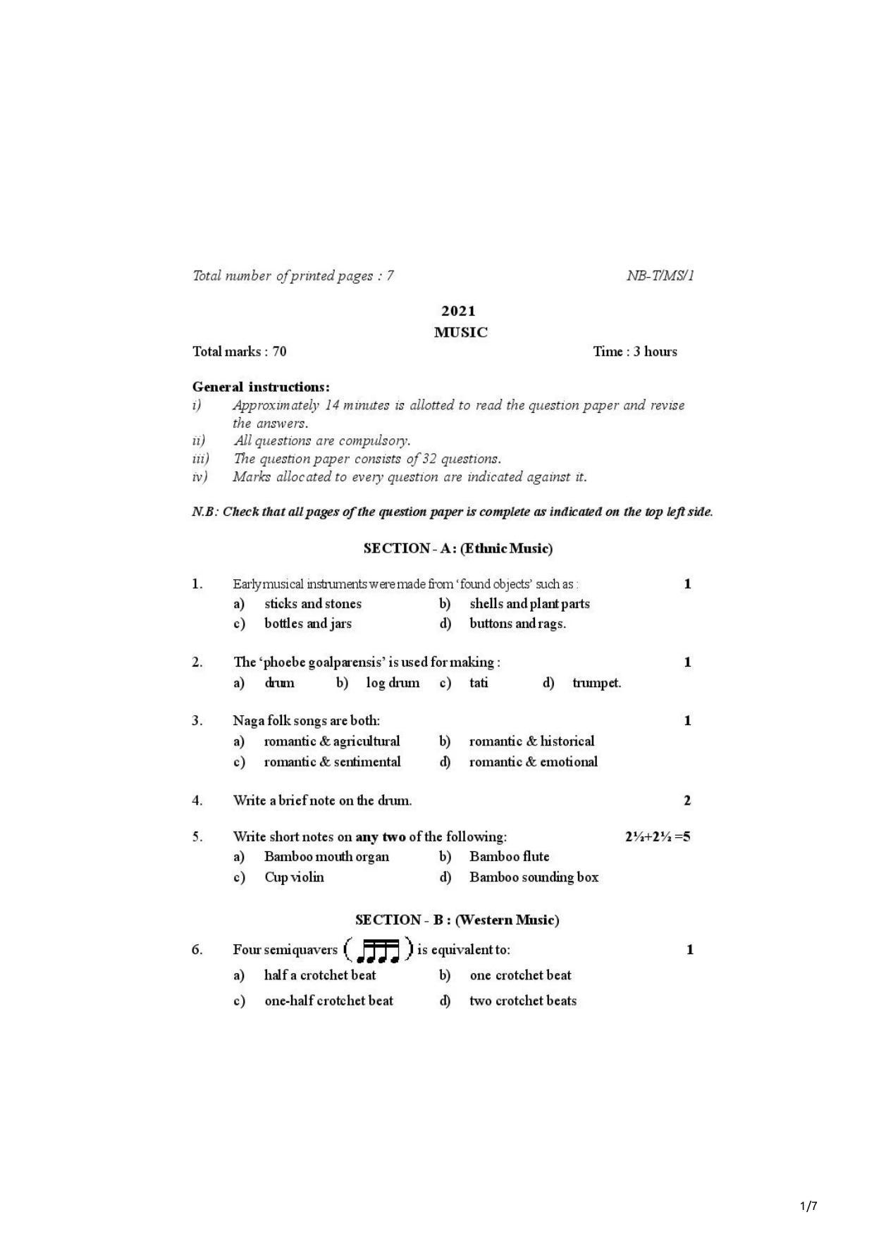 Nagaland Board Class 10 Music 2021 Question Paper - Page 1