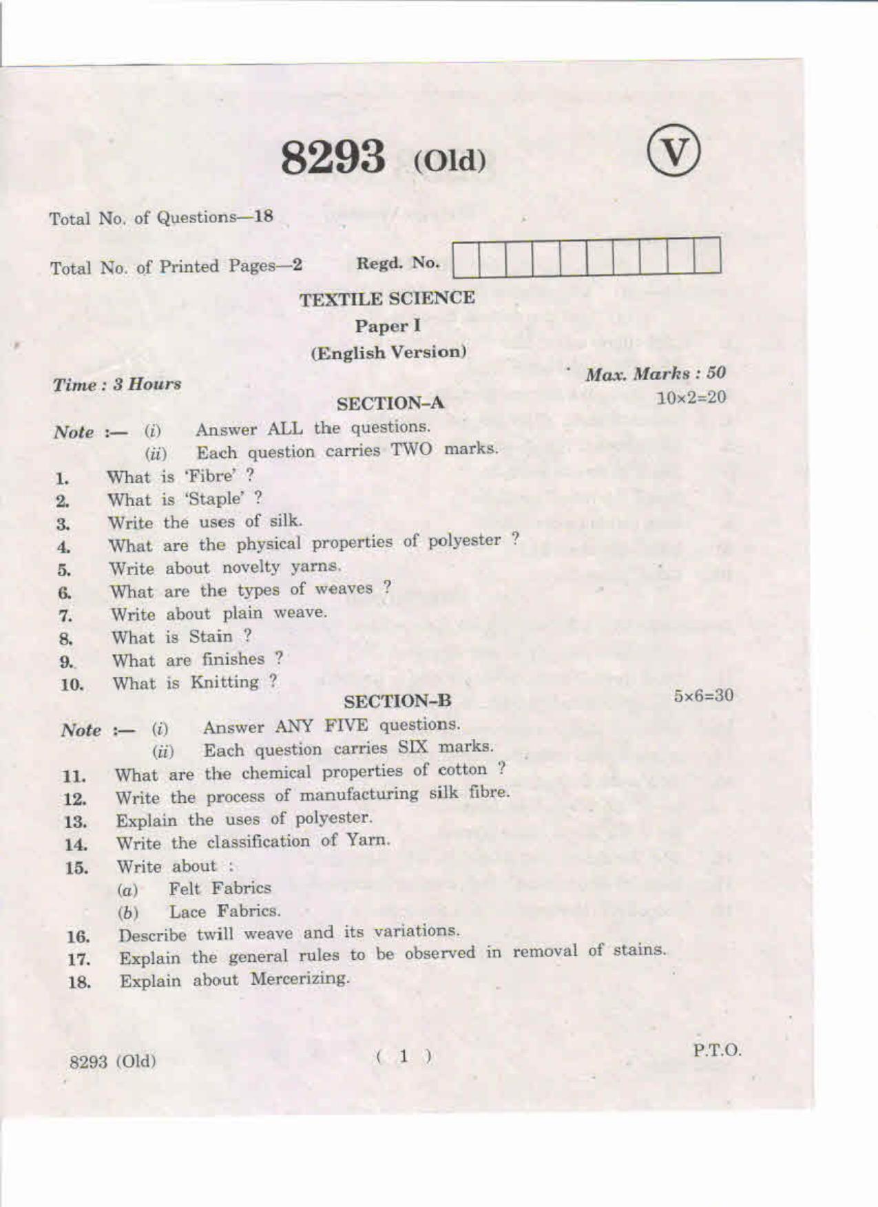 AP Inter 1st Year Textile Science-I (Old) May-2019-Vocational Question Paper - Page 1