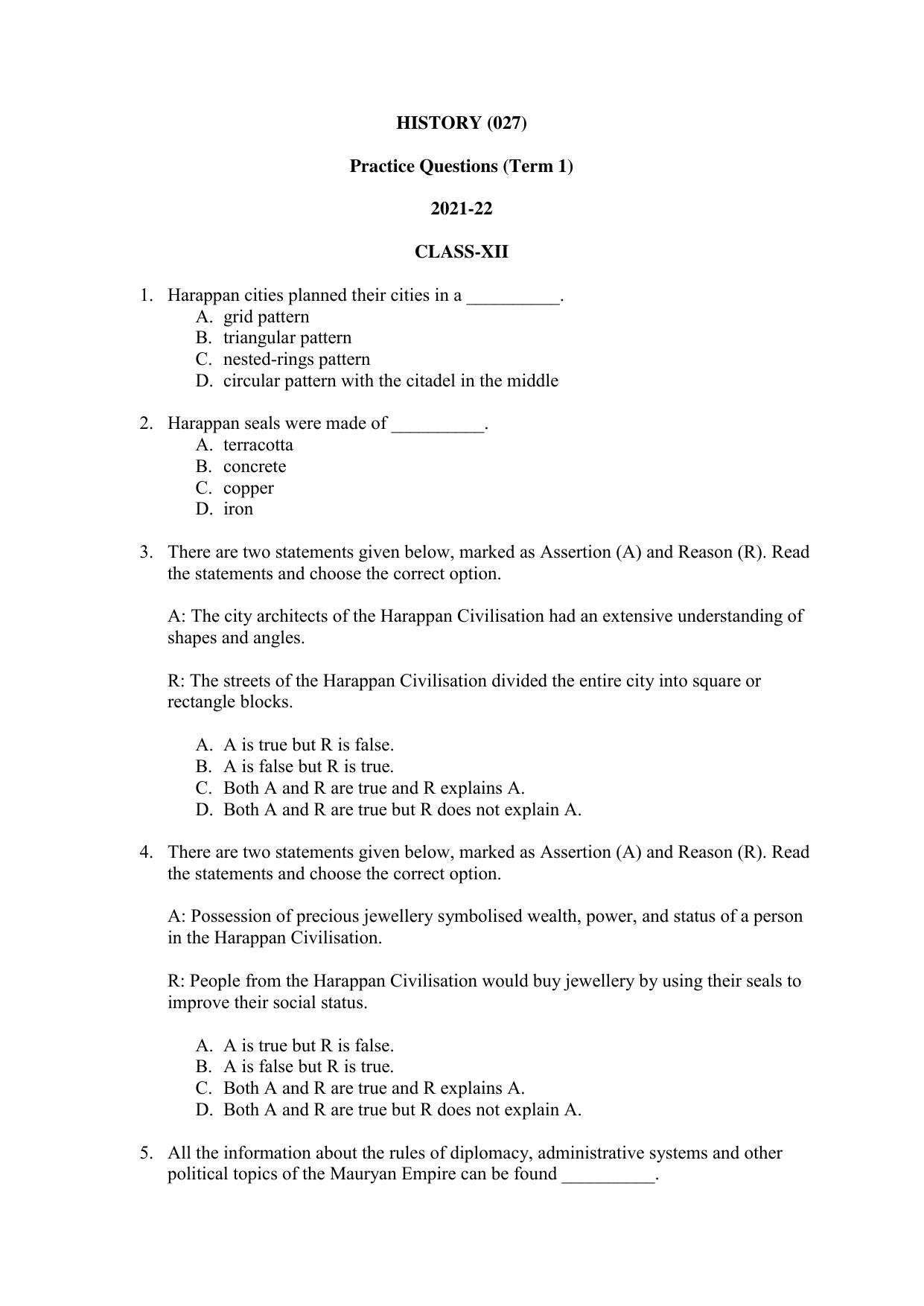 CBSE Class 12 History Term 1 Practice Questions 2021-22 - Page 1