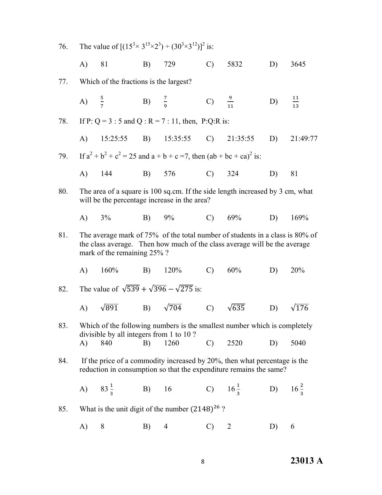 LBS Kerala MCA Entrance Test 2023 Question Paper - Page 8