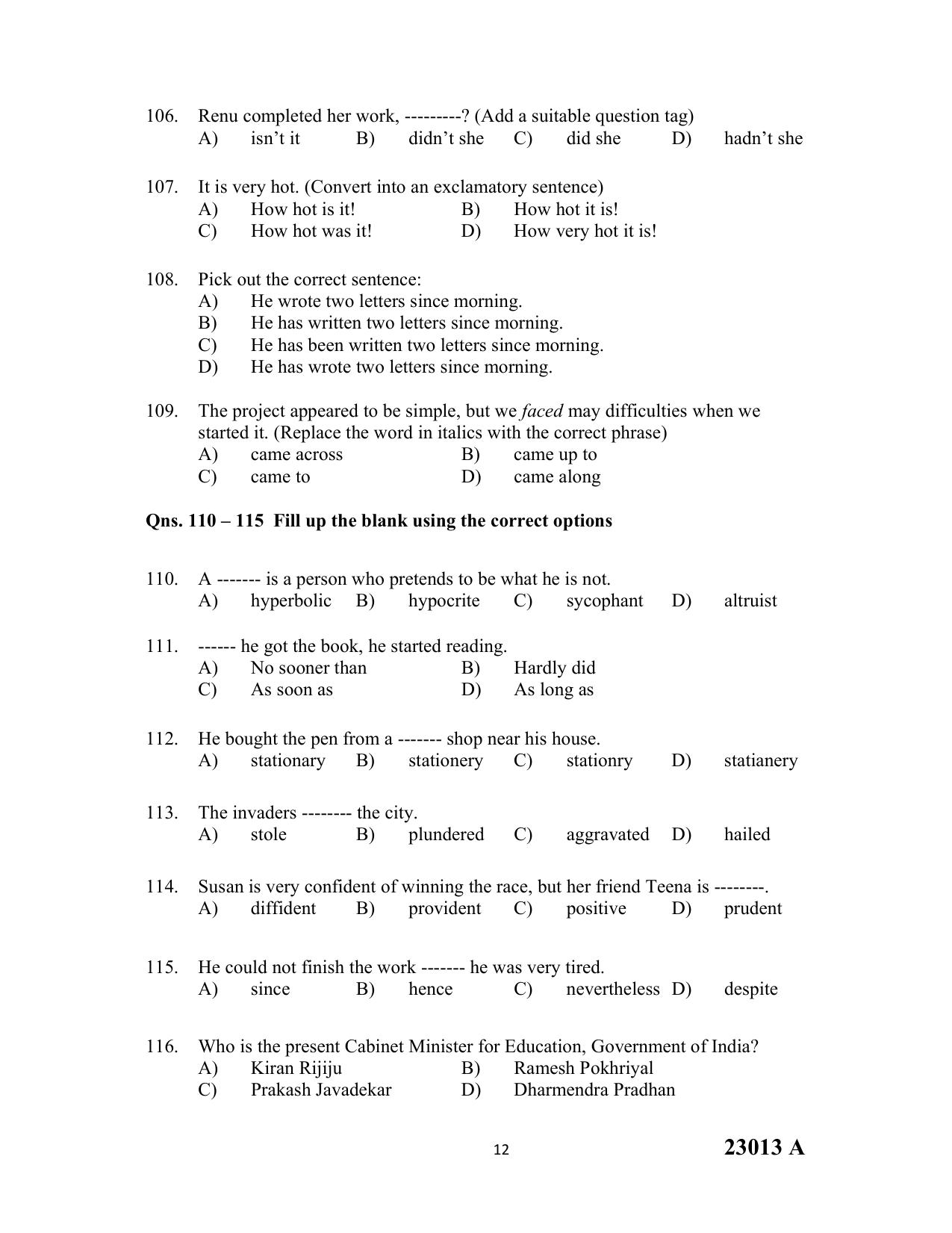 LBS Kerala MCA Entrance Test 2023 Question Paper - Page 12