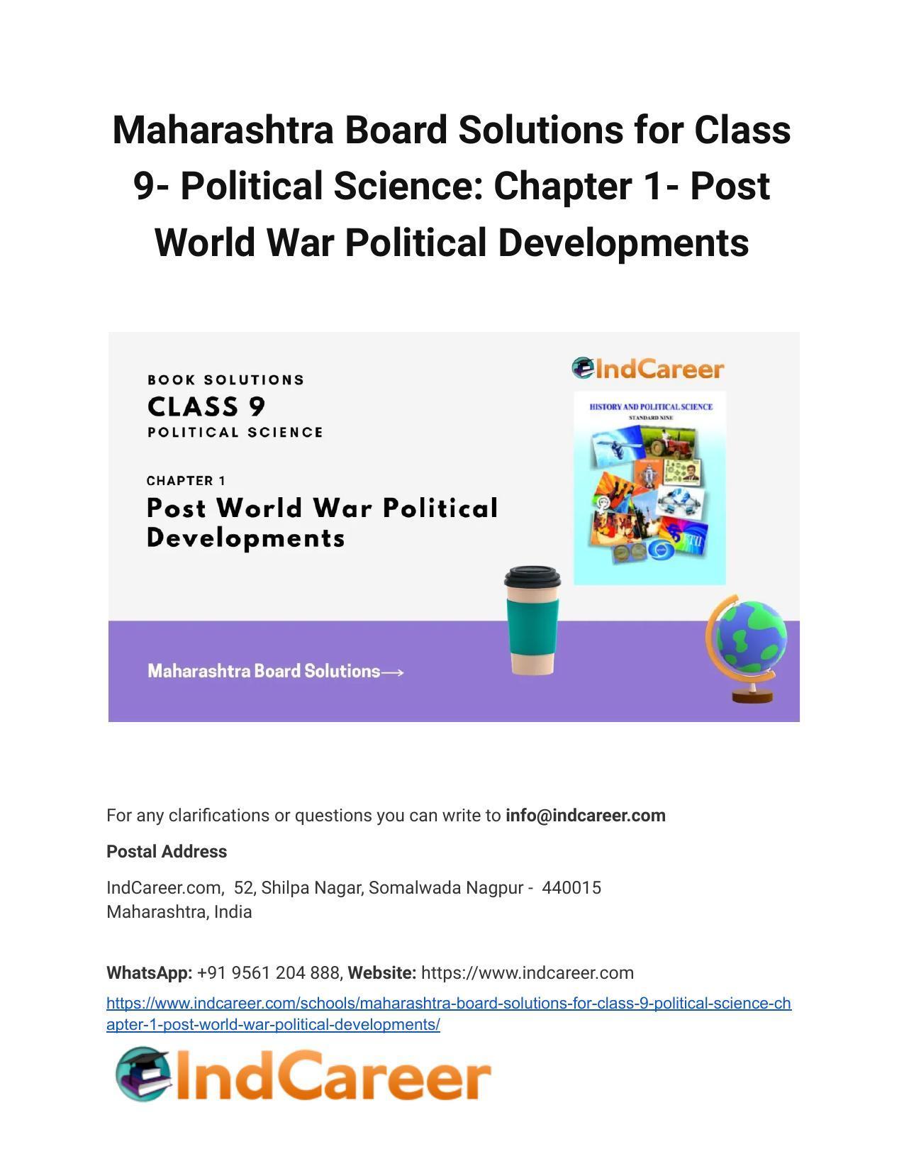 Maharashtra Board Solutions for Class 9- Political Science: Chapter 1- Post World War Political Developments - Page 1