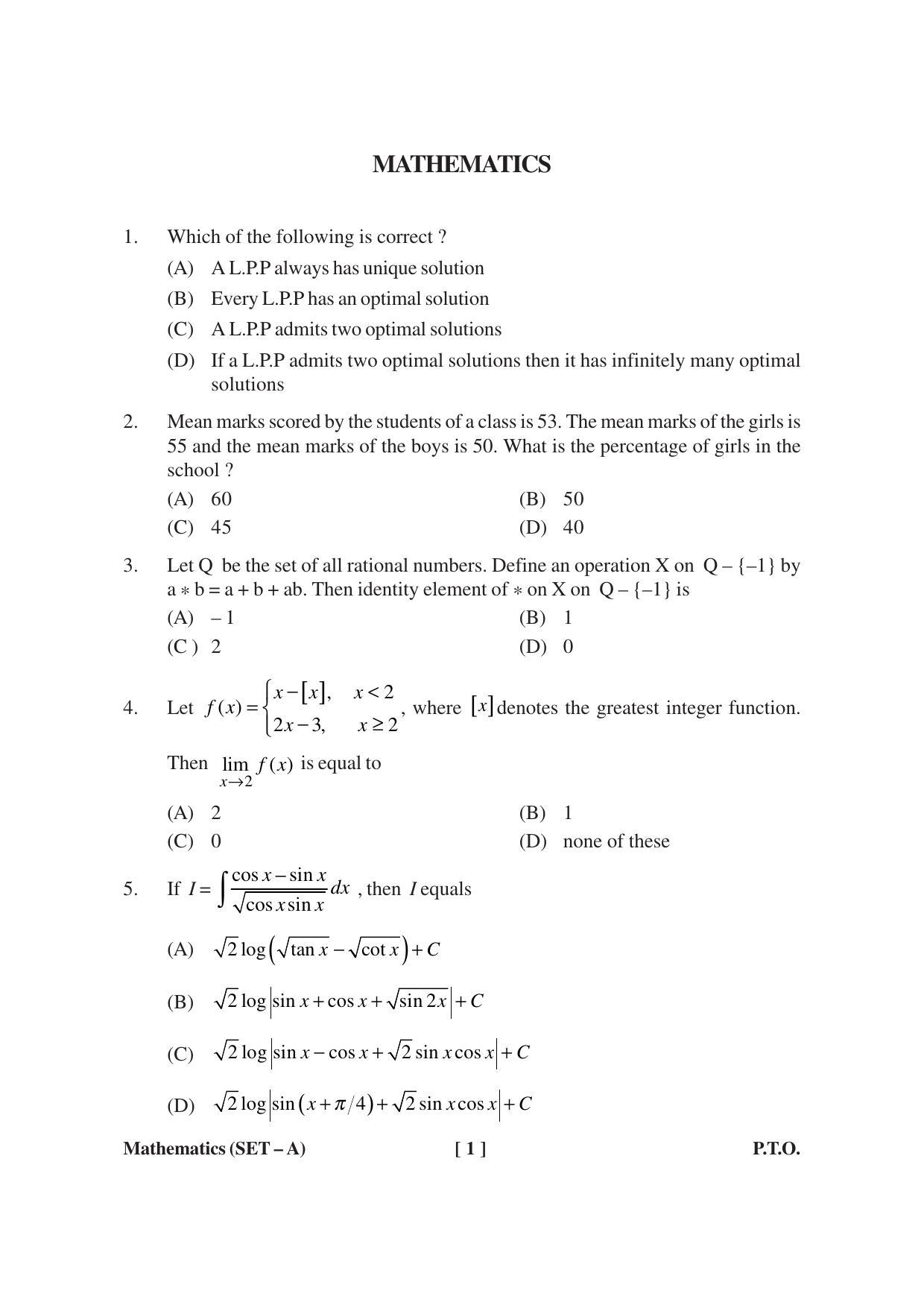 MBSE HSLC / Class 10 Maths Sample Paper - Page 1