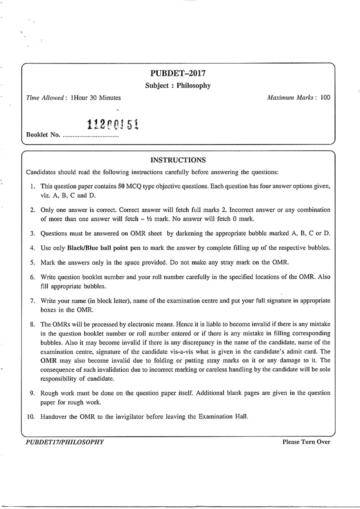 PUBDET 2017 Philosophy Question Papers - Page 1