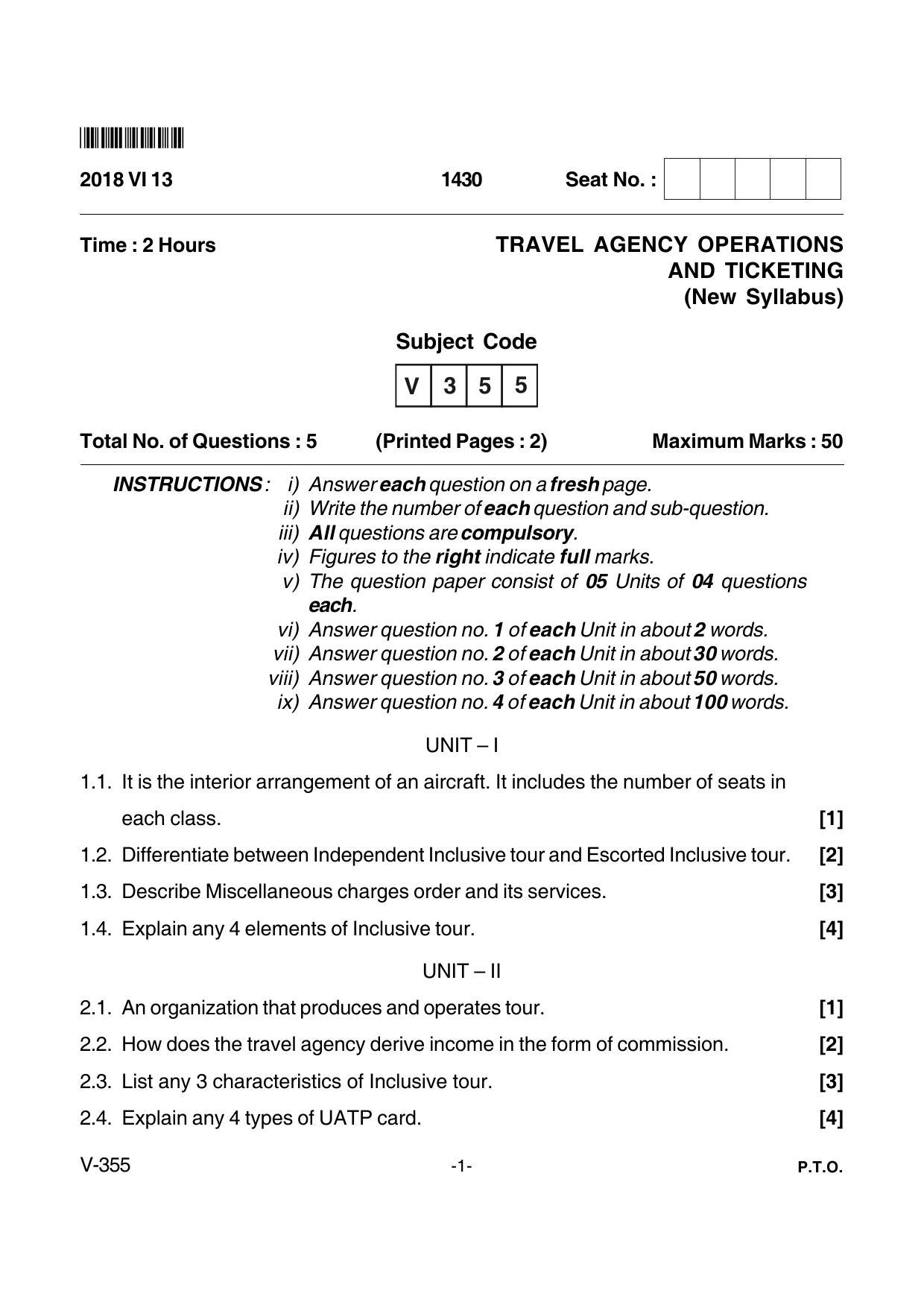 Goa Board Class 12 Travel Agency Operations & Ticketing  Voc 355 New Syllabus (June 2018) Question Paper - Page 1