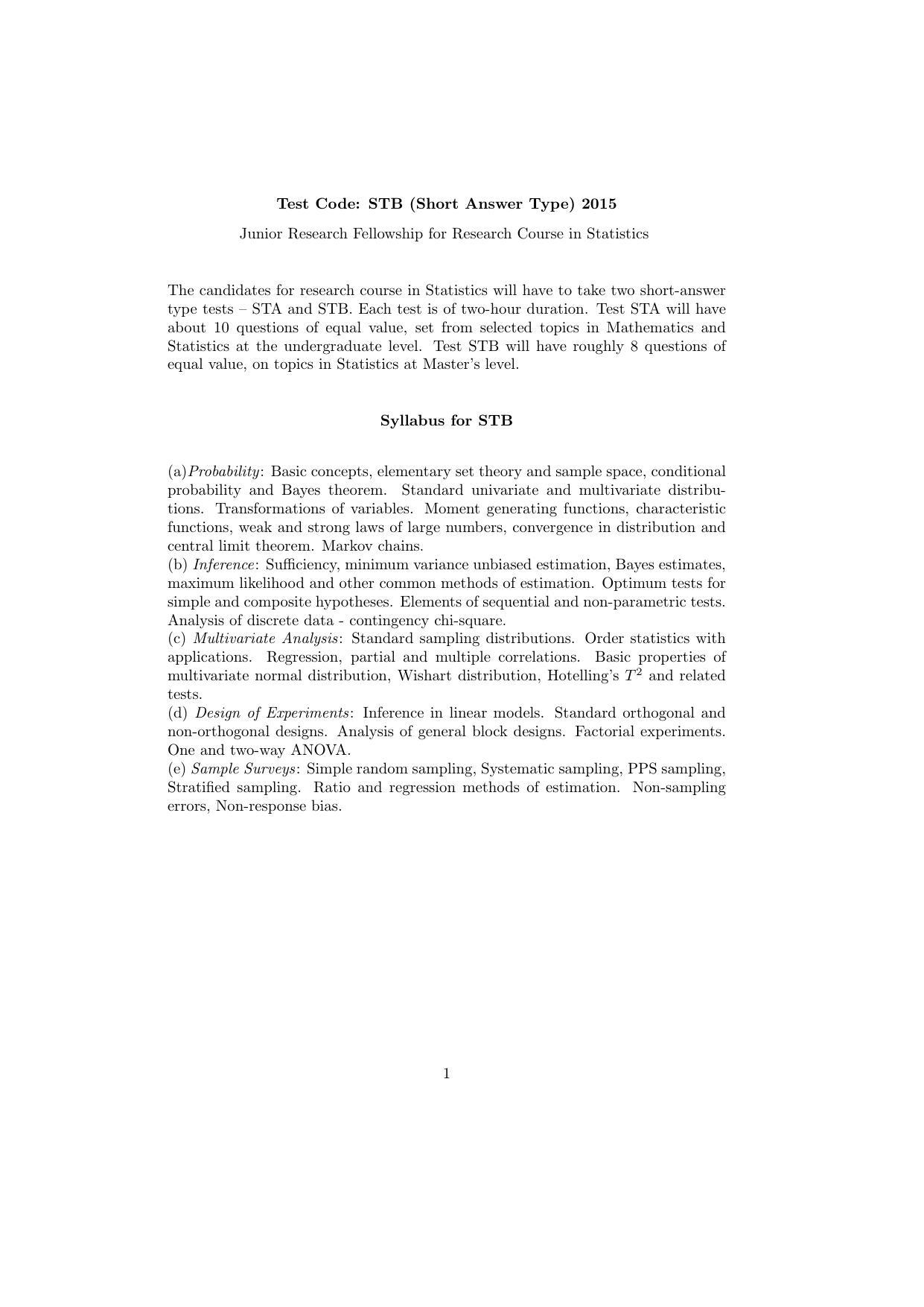 ISI Admission Test JRF in Statistics STB 2015 Sample Paper - Page 1