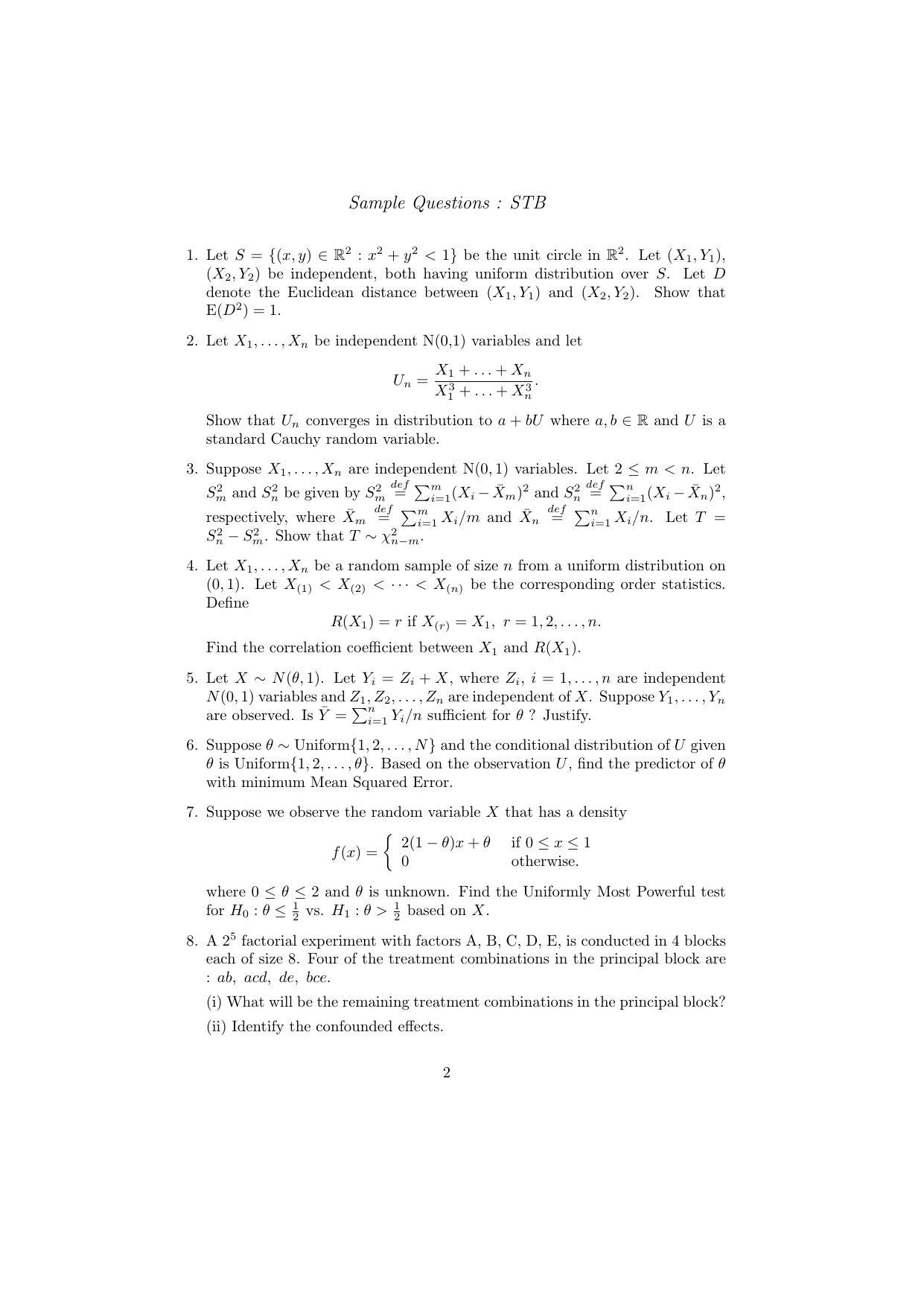 ISI Admission Test JRF in Statistics STB 2015 Sample Paper - Page 2