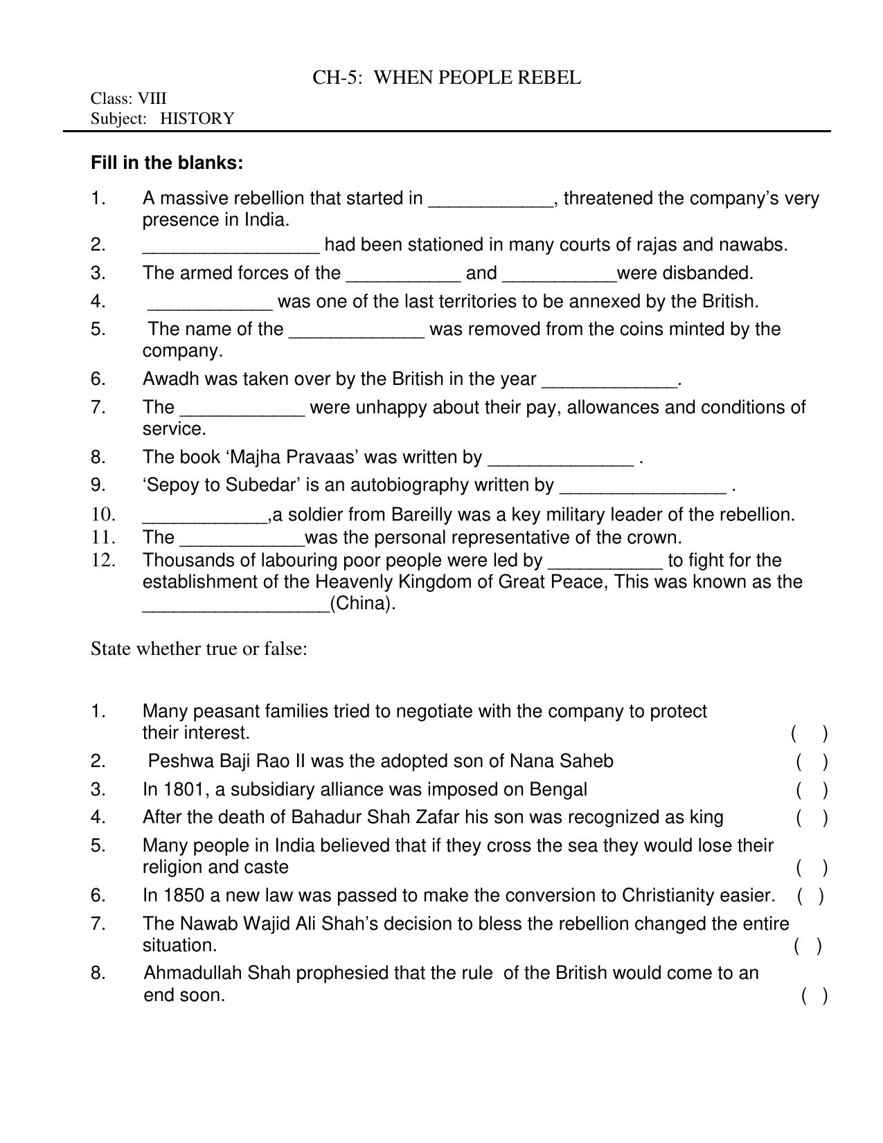 CBSE Worksheets for Class 8 Social Science When People Rebel Assignment - Page 1