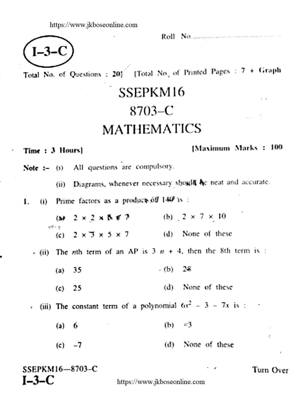 JKBOSE Class 12 Mathematics Question Papers 2016 (8703-C) - Page 1