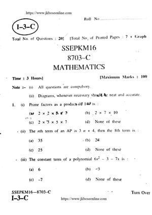 JKBOSE Class 12 Mathematics Question Papers 2016 (8703-C)