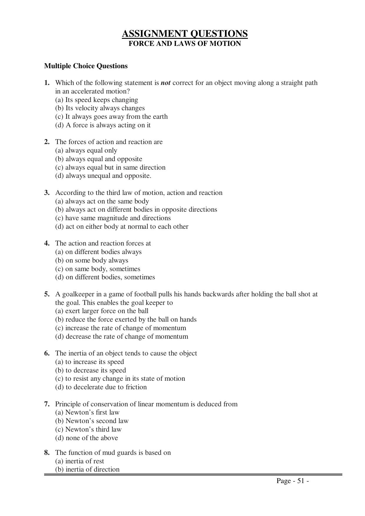 CBSE Worksheets for Class 9 Physics Force and Laws of Motion Assignment 1 - Page 1