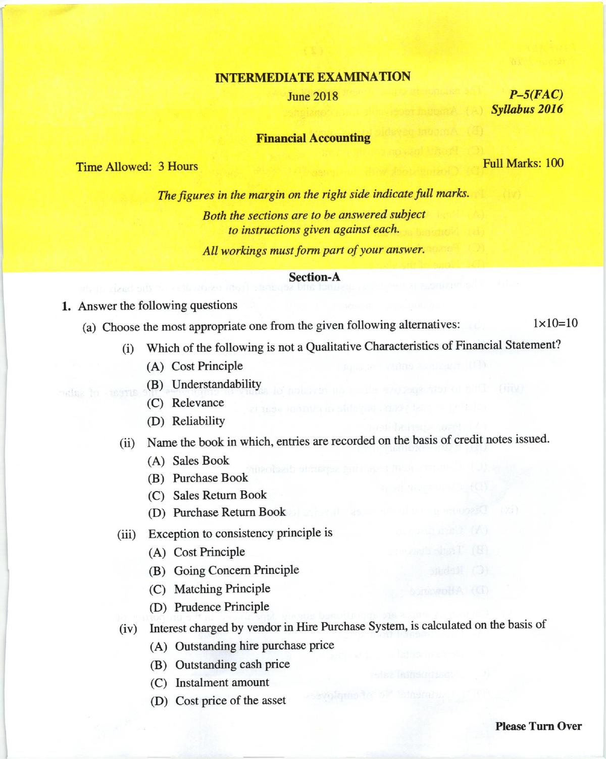 ICMAI June 2018 Financial Accounting Question Paper - Page 1