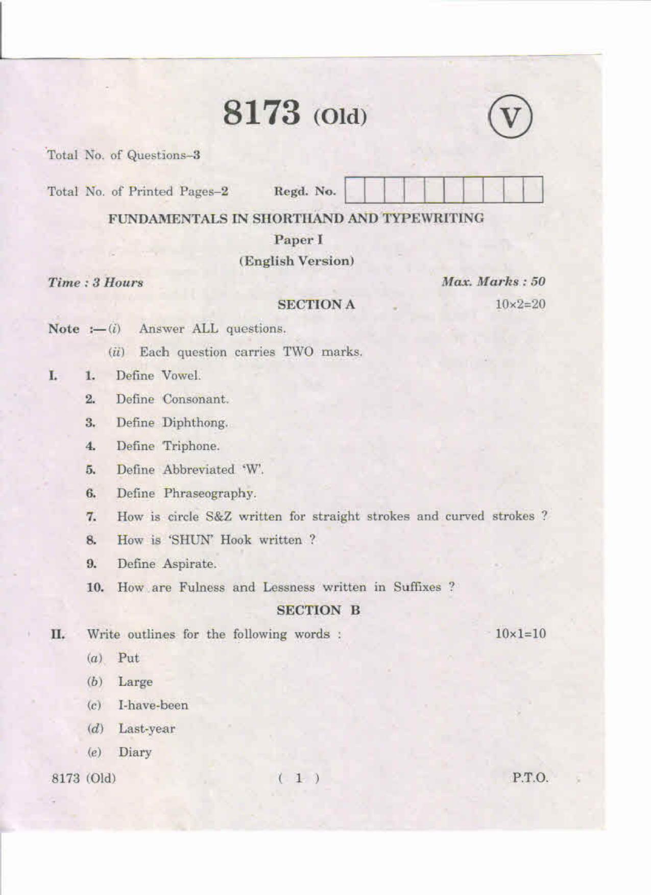 AP Inter 1st Year Fundamentals in Shorthand and Typewriting-I (Old)) May-2019-Vocational Question Paper - Page 1
