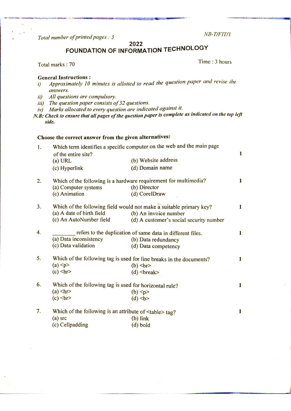 Nagaland Board Class 10 Information Technology 2022 Question Paper - Page 1
