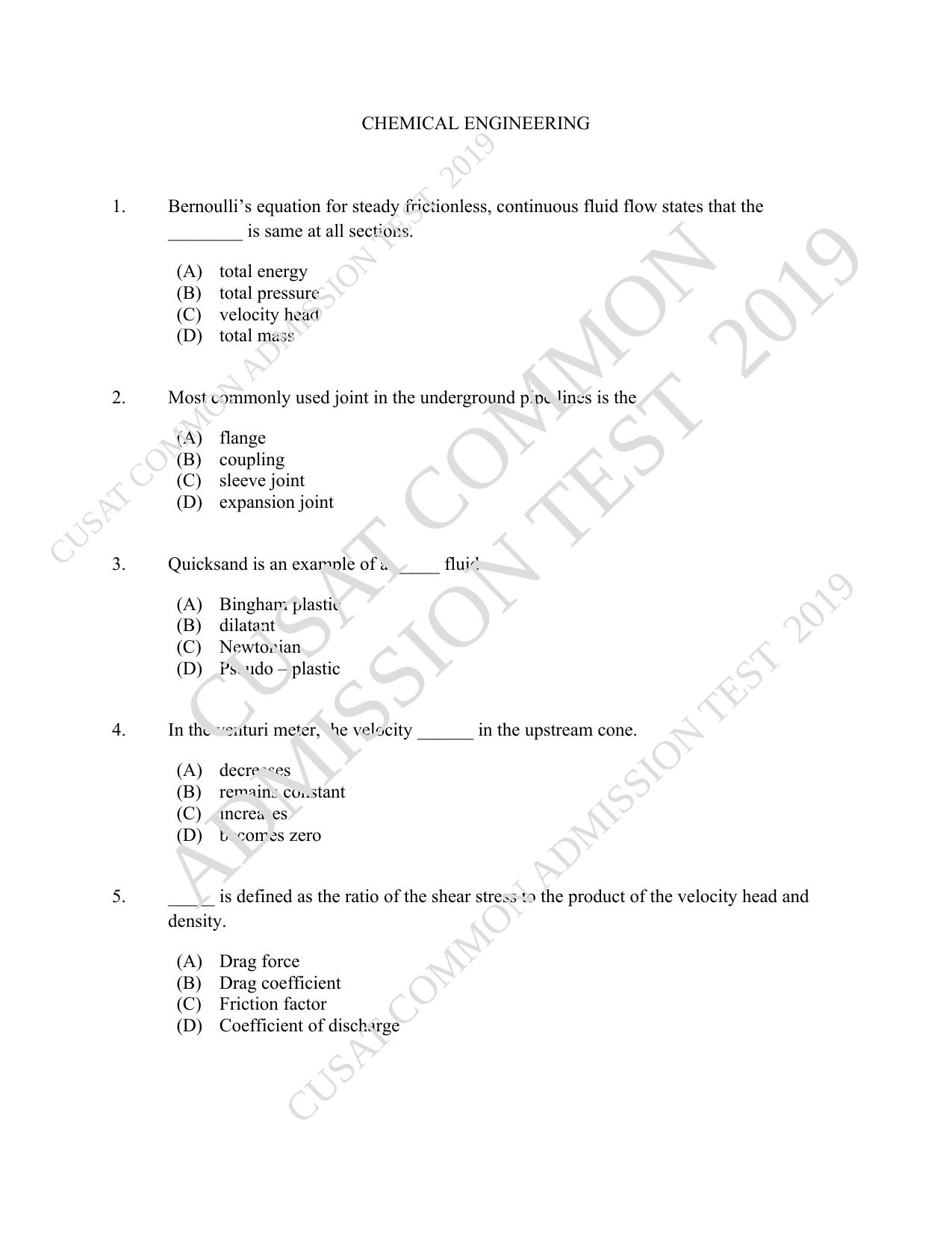 CUSAT CAT 2019 Chemical Question Paper With Answer Key - Page 1