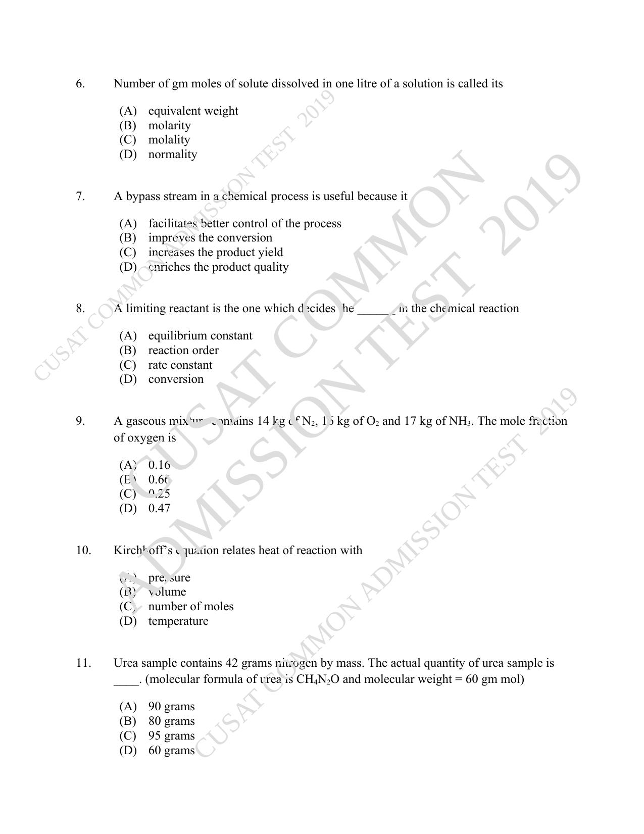 CUSAT CAT 2019 Chemical Question Paper With Answer Key - Page 2