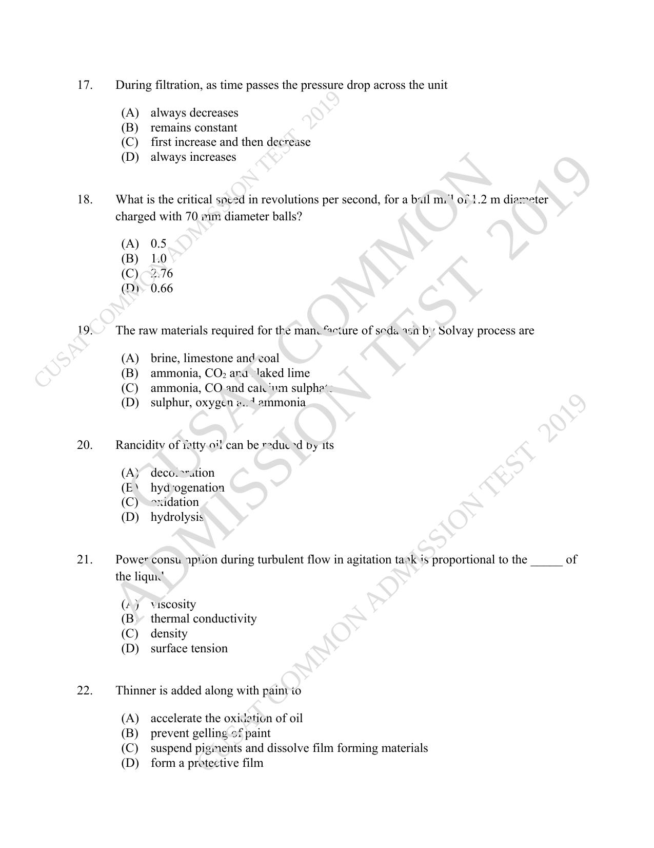 CUSAT CAT 2019 Chemical Question Paper With Answer Key - Page 4