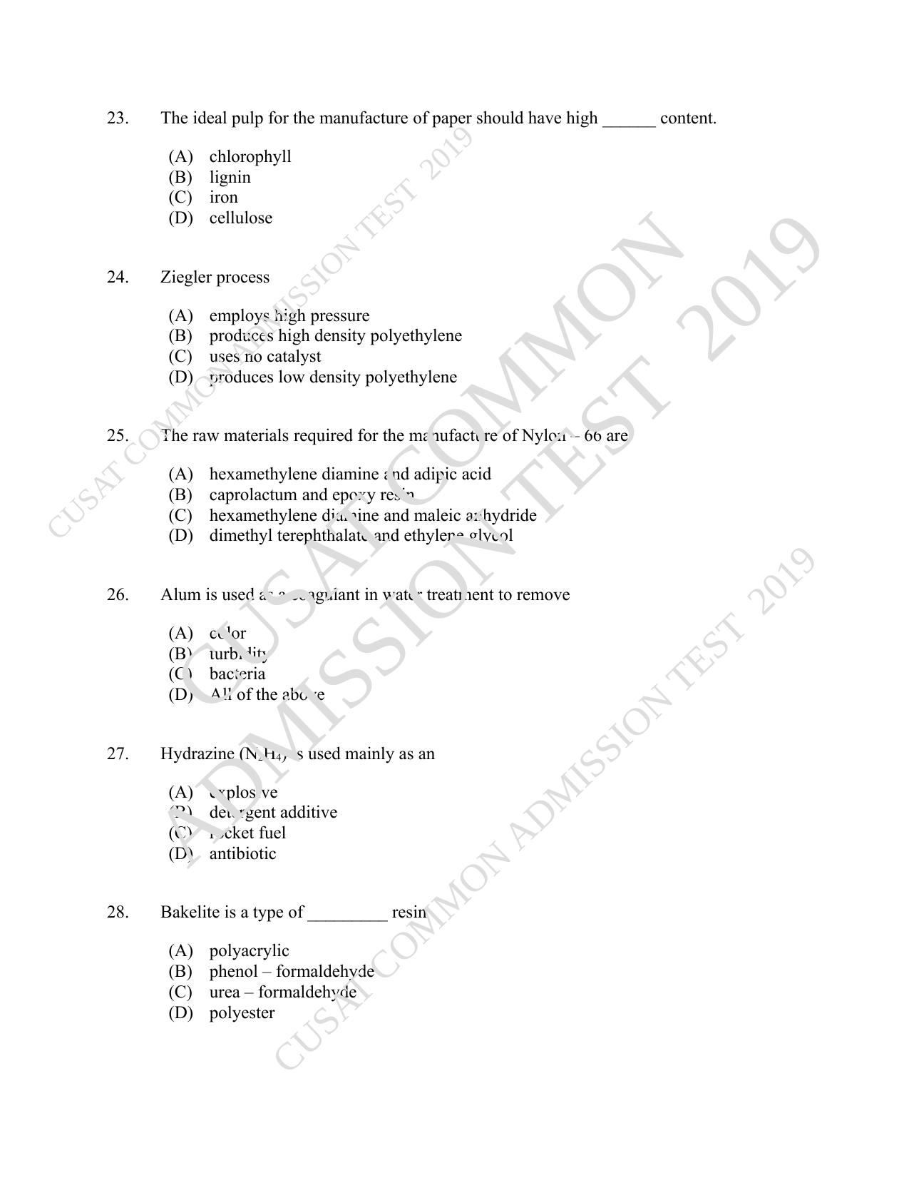 CUSAT CAT 2019 Chemical Question Paper With Answer Key - Page 5