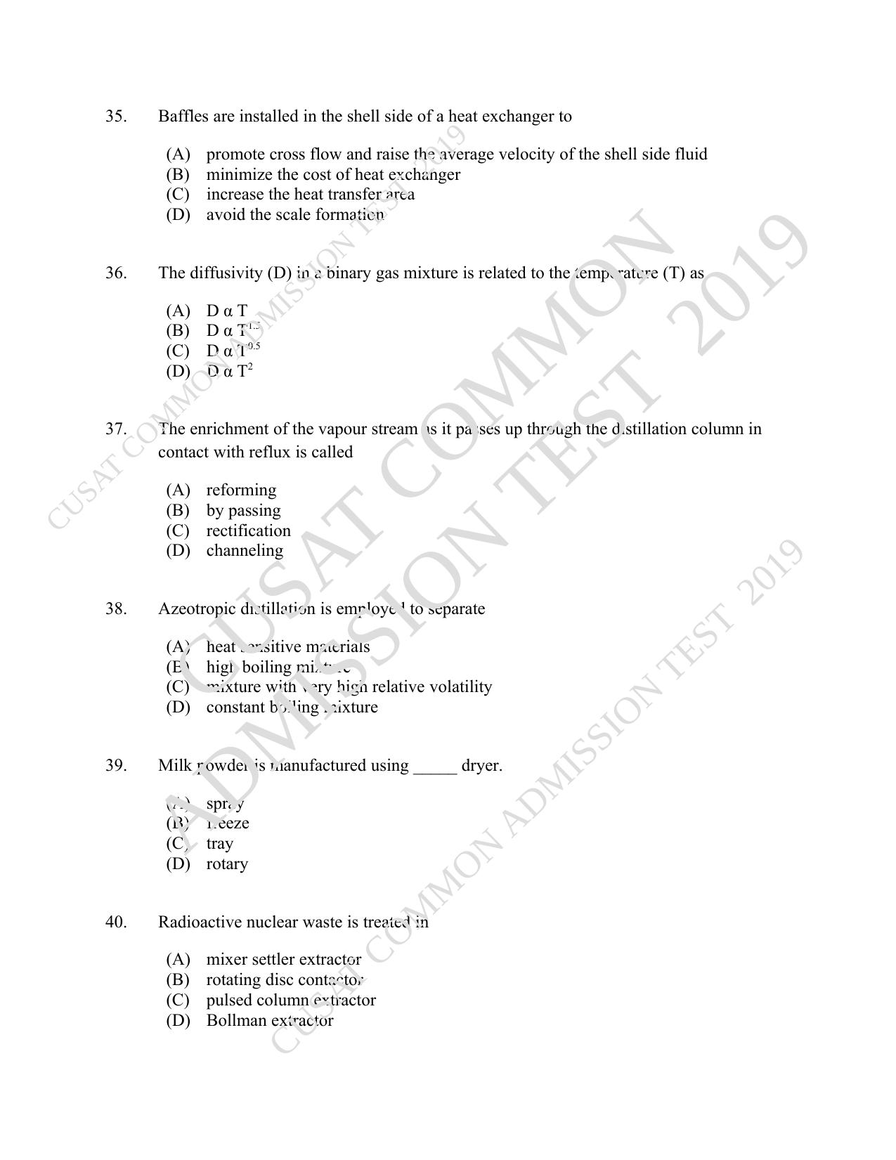 CUSAT CAT 2019 Chemical Question Paper With Answer Key - Page 7