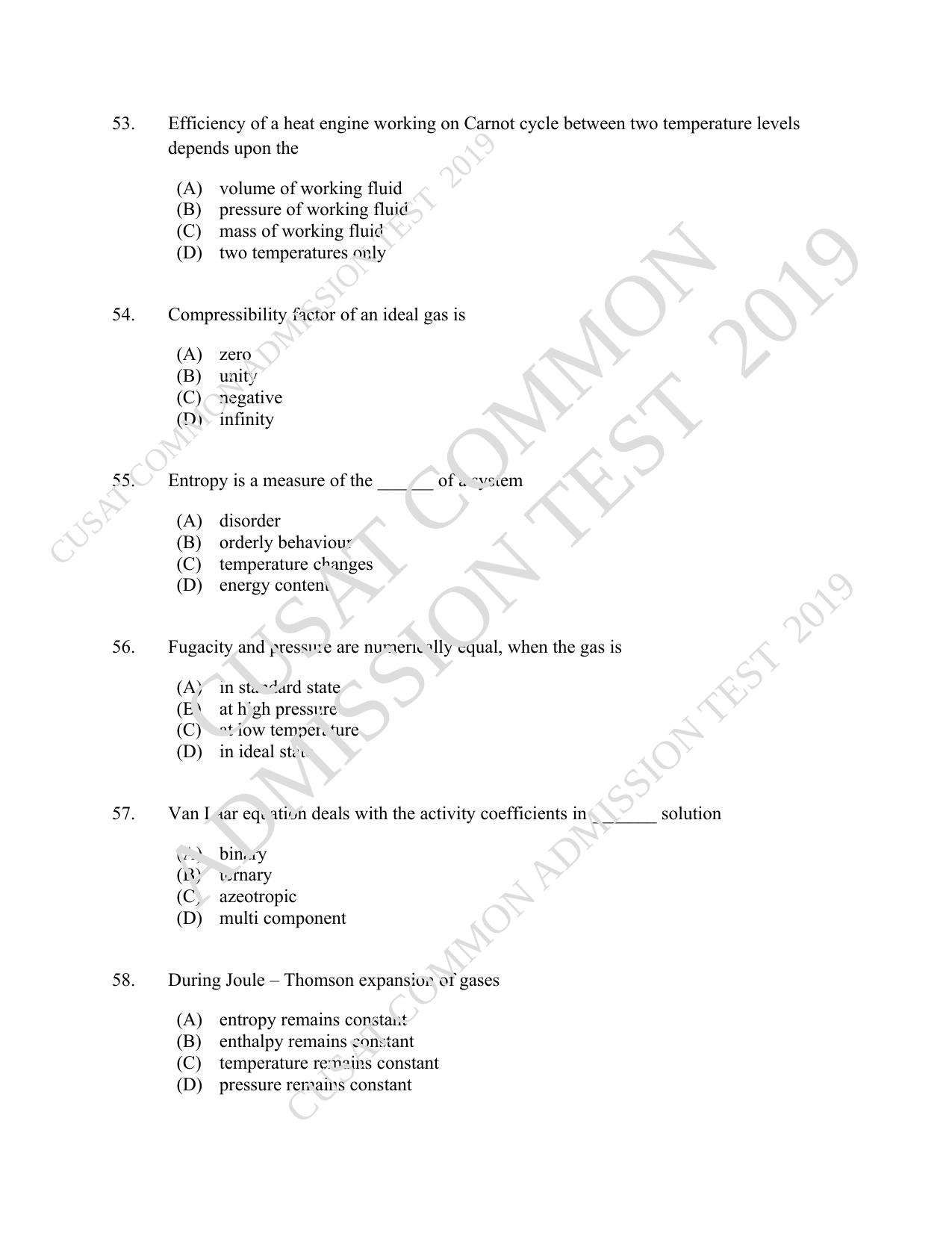 CUSAT CAT 2019 Chemical Question Paper With Answer Key - Page 10