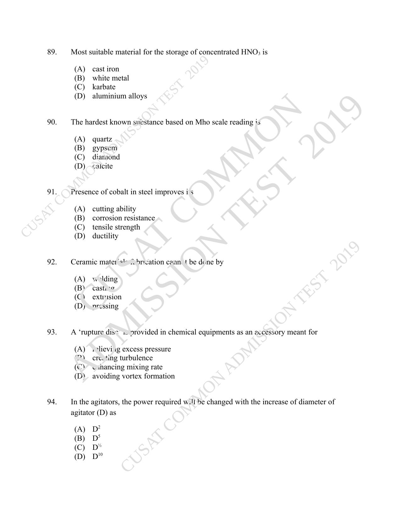 CUSAT CAT 2019 Chemical Question Paper With Answer Key - Page 16