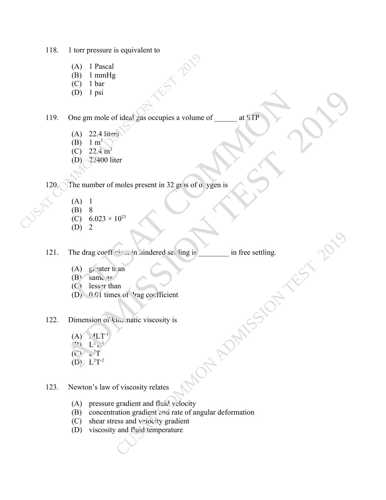 CUSAT CAT 2019 Chemical Question Paper With Answer Key - Page 22