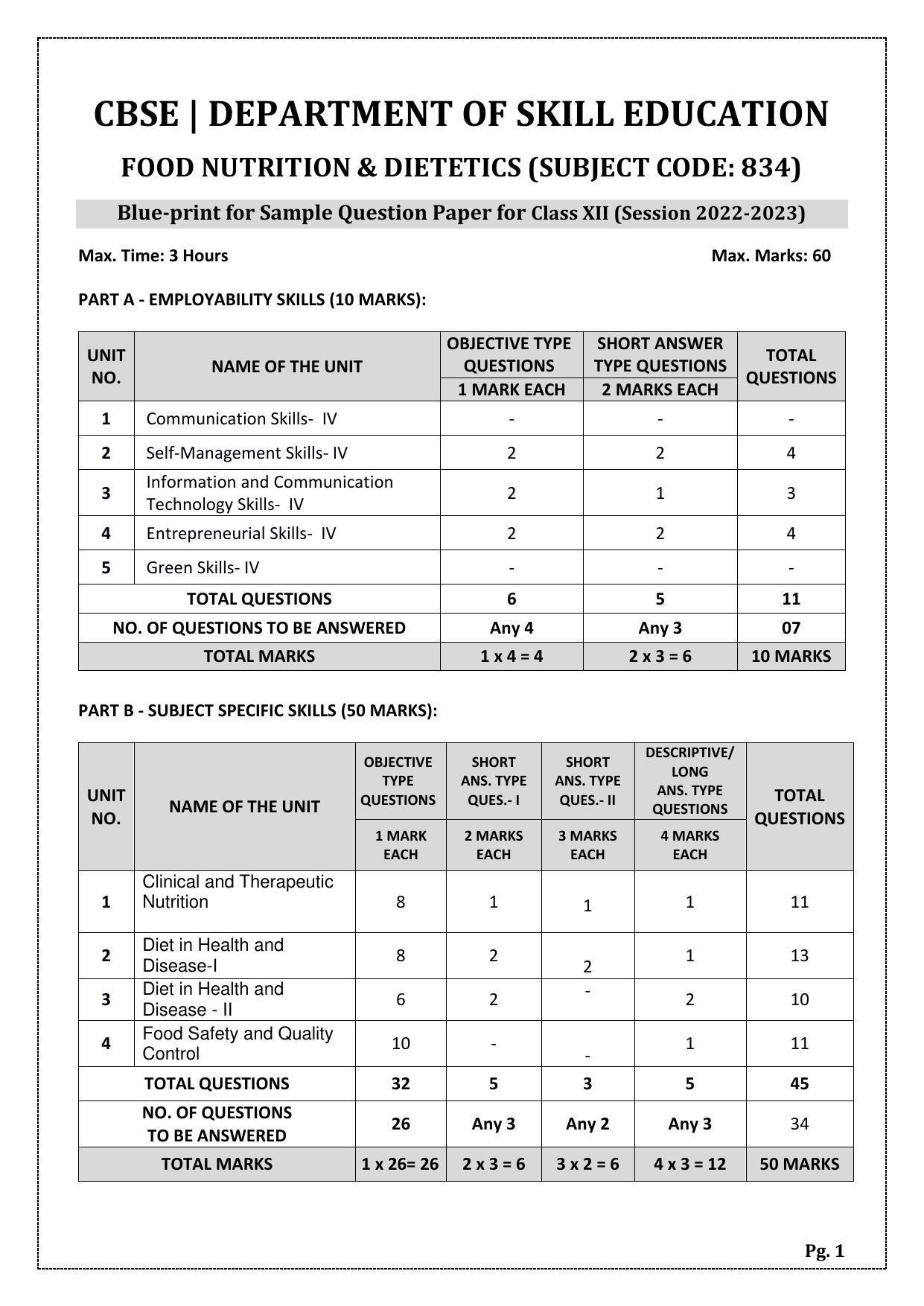 CBSE Class 12 Food Nutrition & Dietetics (Skill Education) Sample Papers 2023 - Page 1