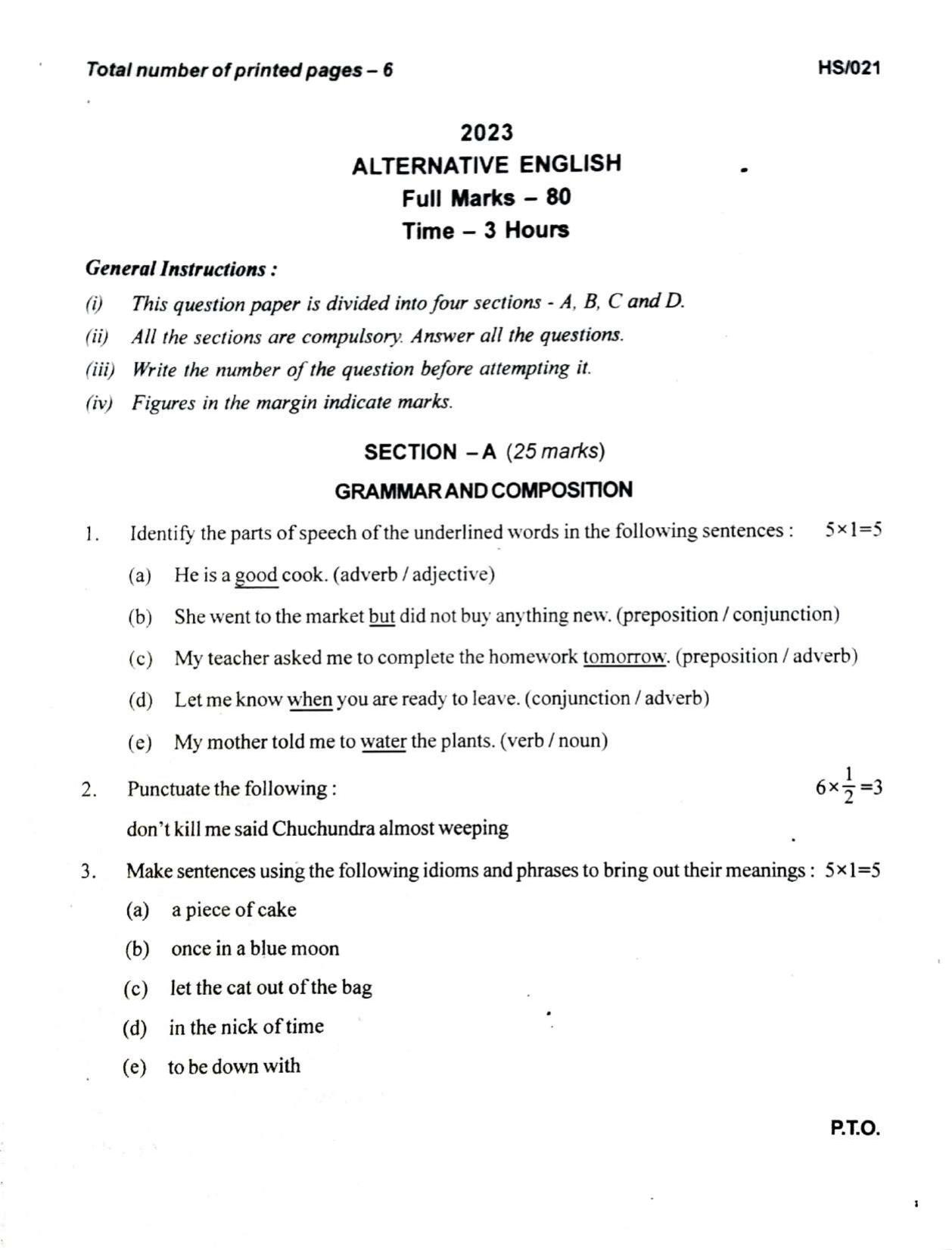 MBSE HSLC/Class 10 2023 Question Paper - Page 1