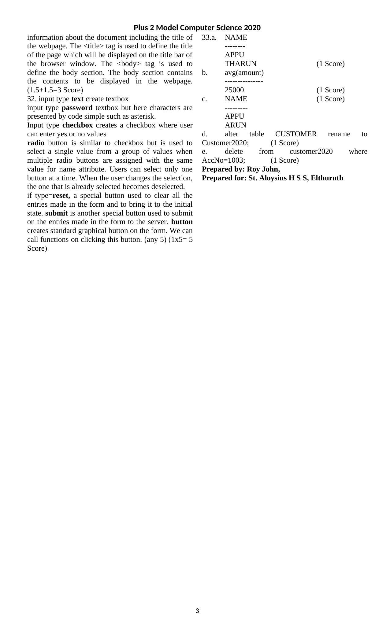Kerala Plus Two 2020 Computer Science Model Answer Key - Page 3