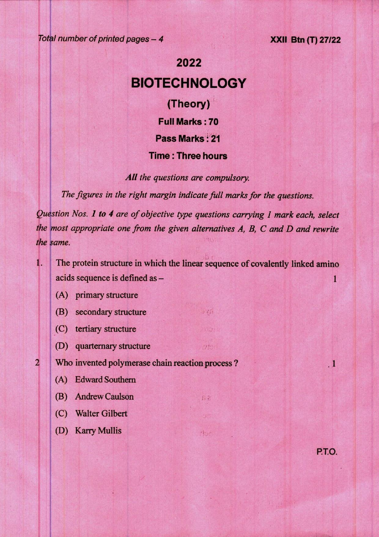 COHSEM 12th Question Papers 2022 Biotechnology - Page 1