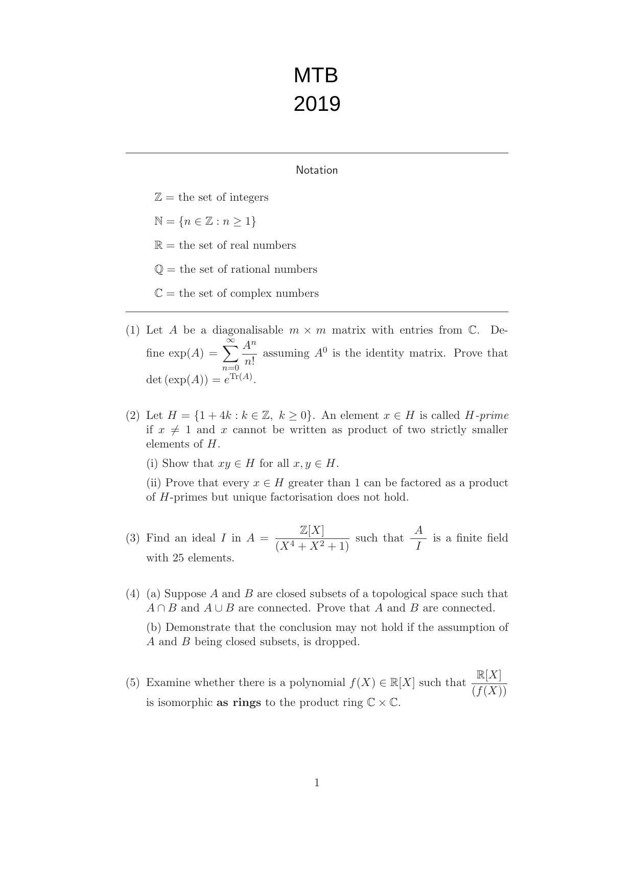 ISI Admission Test JRF in Mathematics MTB 2019 Sample Paper - Page 1