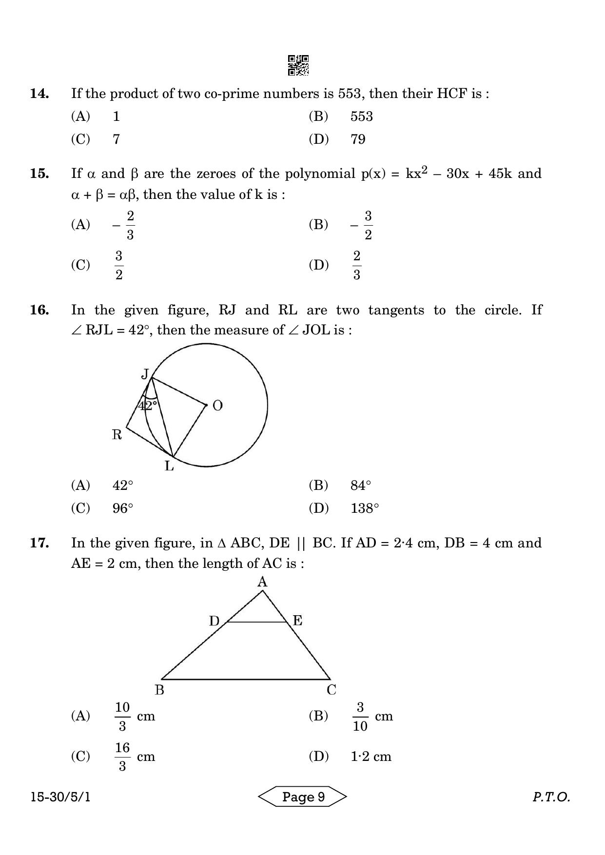 CBSE Class 10 30-5-1 Mathematics Standard 2024 Question Paper - Page 9