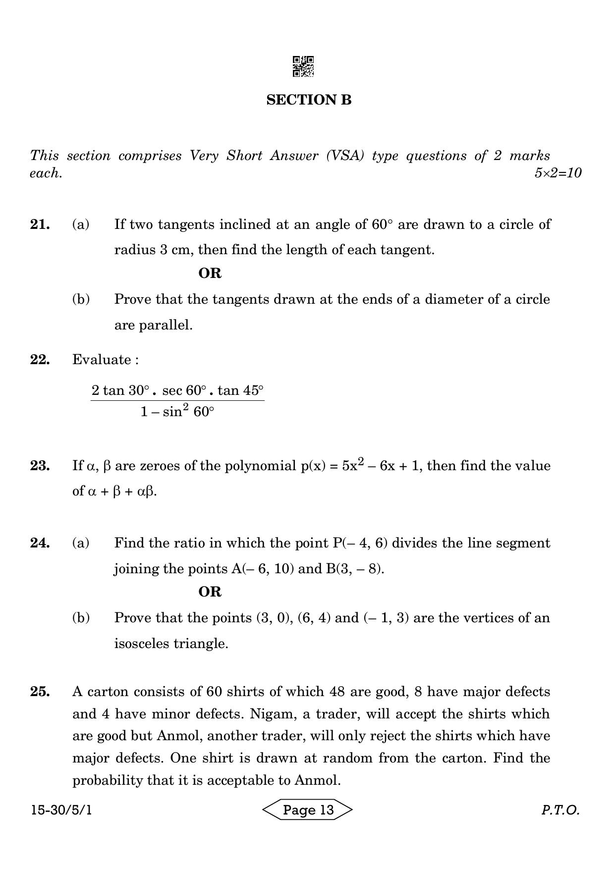 CBSE Class 10 30-5-1 Mathematics Standard 2024 Question Paper - Page 13